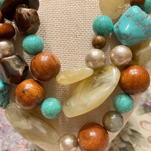 CHICOS ONE OF A KIND NECKLACE WITH AUTHENTIC TURQUOISE, ACRYLIC, WOOD and STONE - Picture 2 of 16